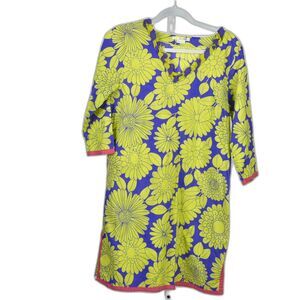 Boden Tunic Dress Green Purple Orange Trim Floral Ruffle Collar Cotton Size 8